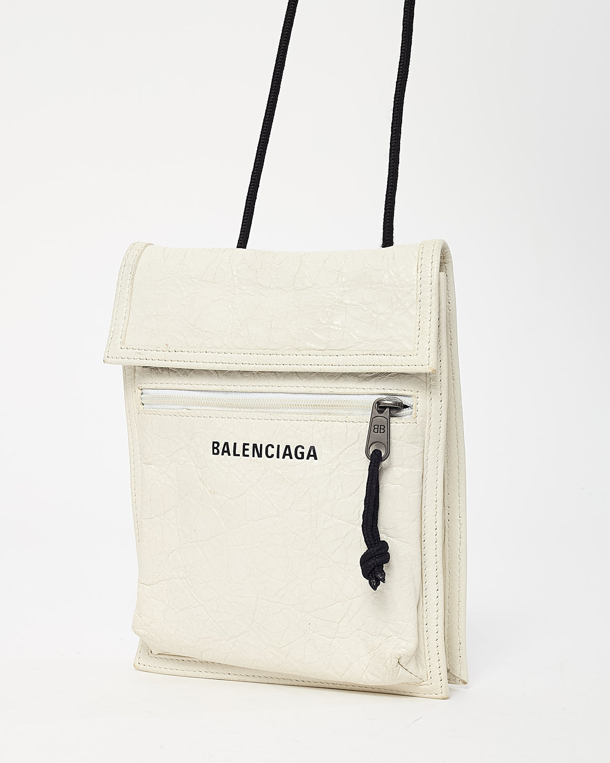 Balenciaga White Leather Logo Small Explorer Pouch on Strap