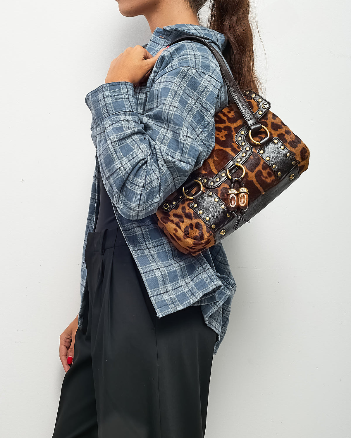 Saint Laurent Vintage Leopard Pony Hair Fur Studded Flap Shoulder Bag