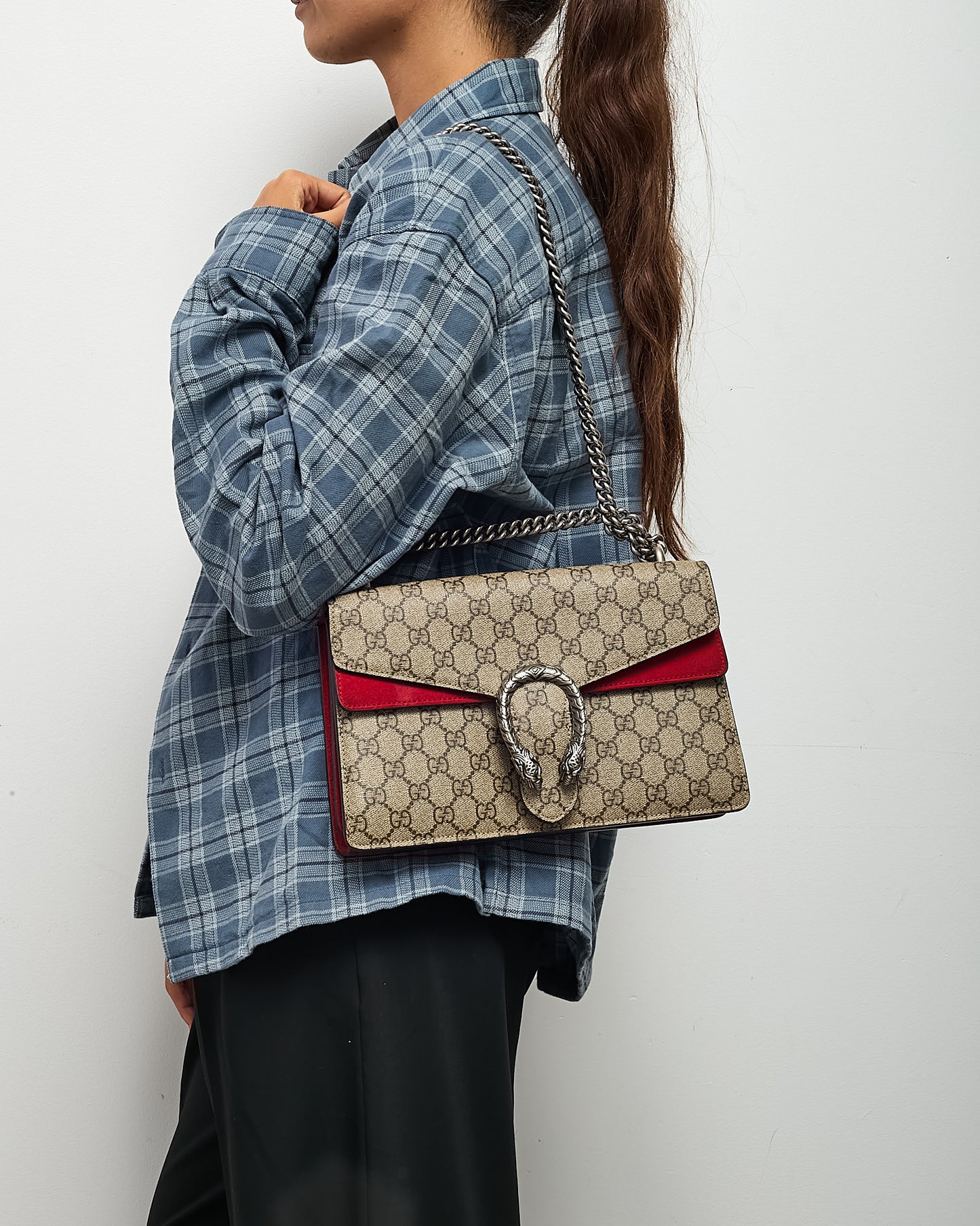 Gucci Beige and Ebony Monogram GG Supreme Canvas and Red Suede Medium Dionysus Shoulder Bag
