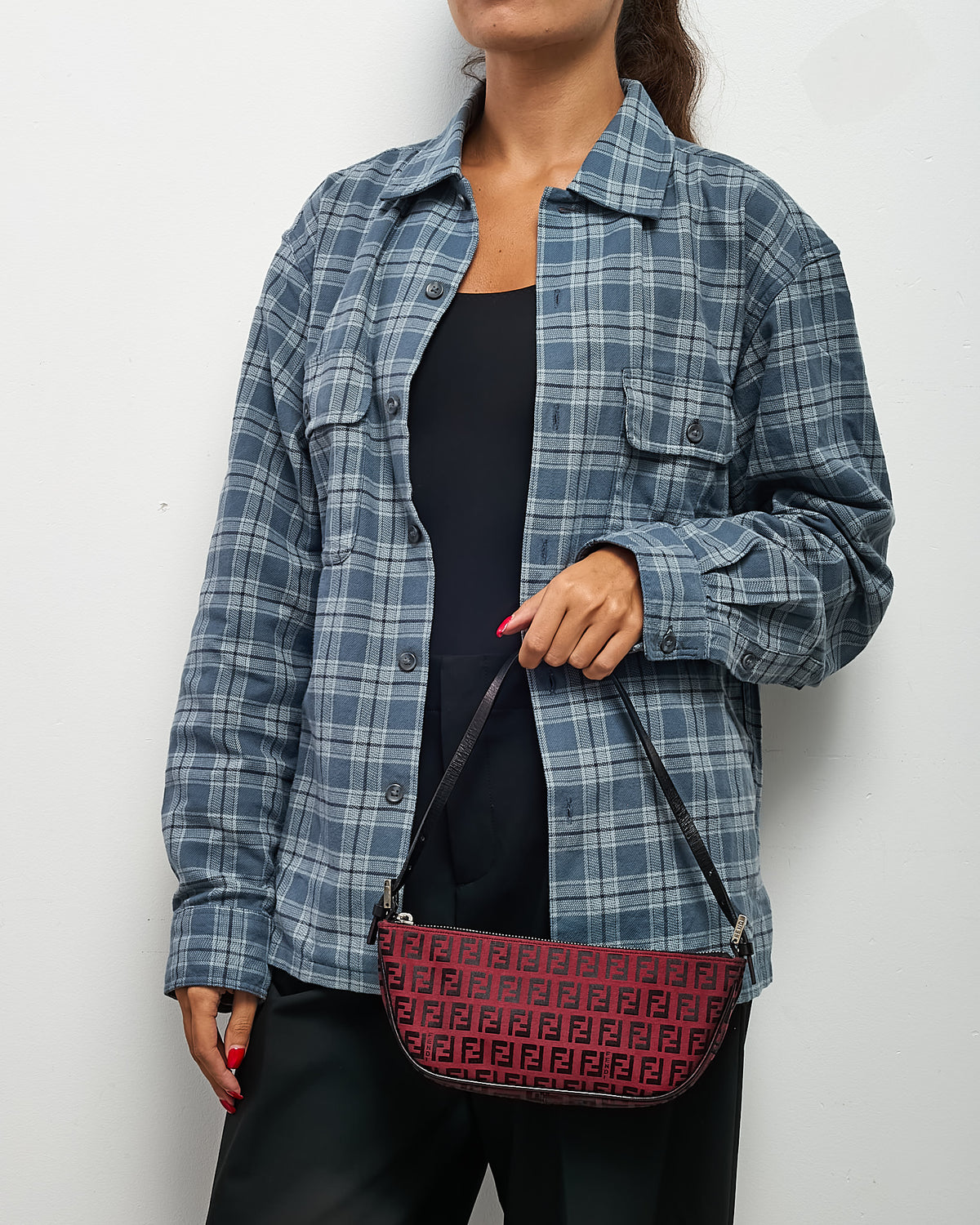 Fendi Red and Black Zucchino Print Canvas Half Moon Shoulder Bag