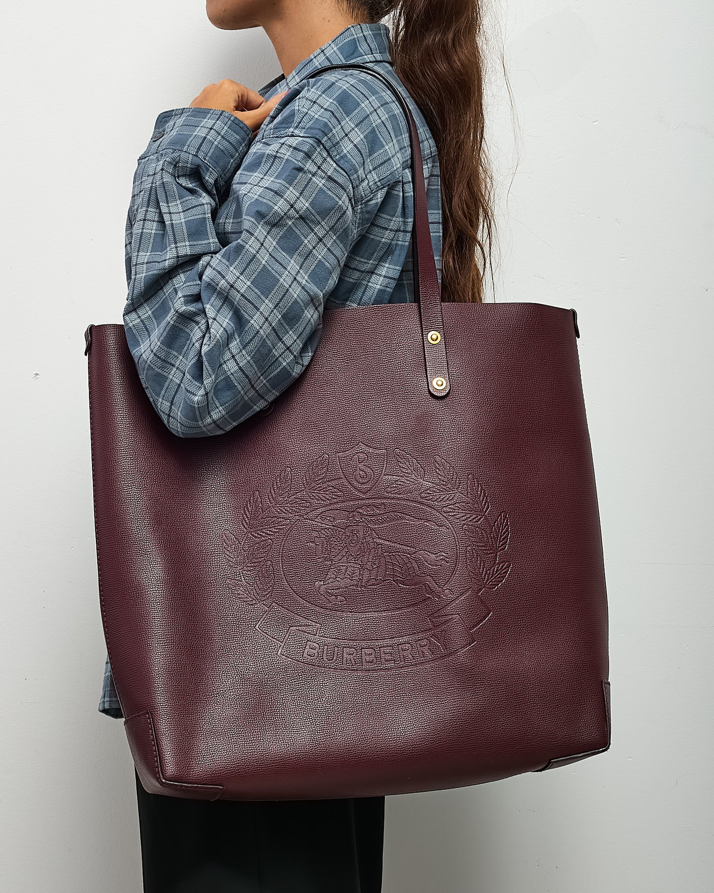 Burberry Burgundy Red Leather Embossed Crest Large Tote Bag