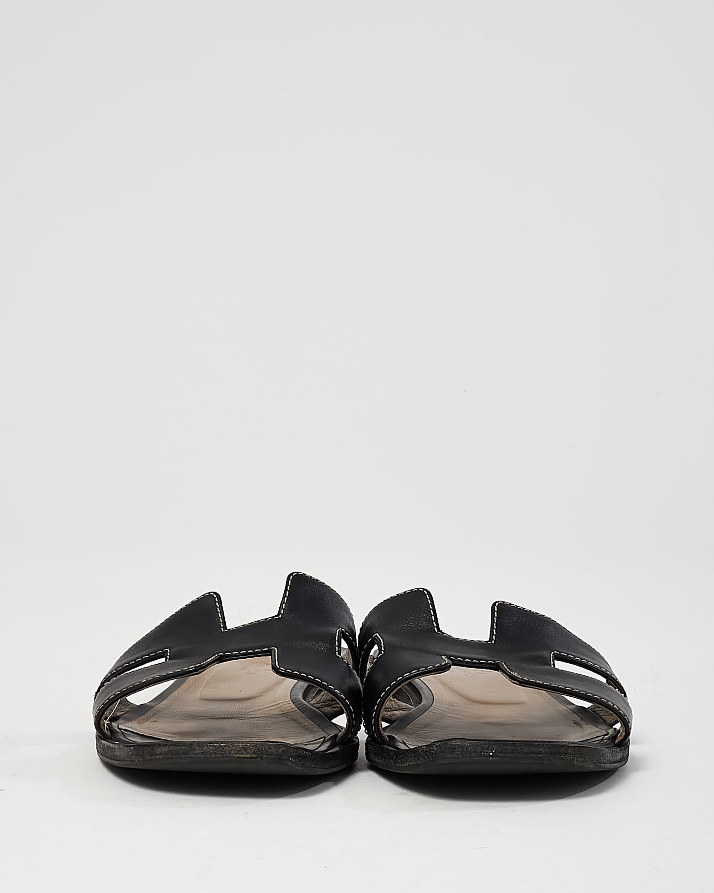 Hermès Black Calfskin Leather White Stitch Oran H Sandals - 38
