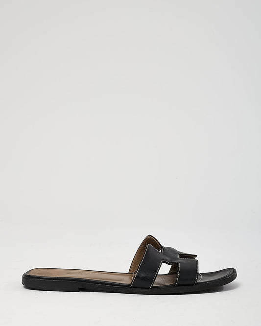 Hermès Black Calfskin Leather White Stitch Oran H Sandals - 38