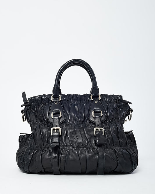 Prada Black Nappa Gaufre Leather Buckle Tote Bag