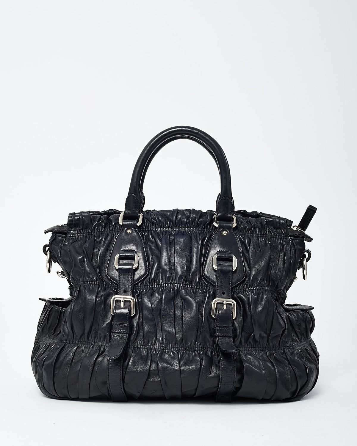 Prada Black Nappa Gaufre Leather Buckle Tote Bag
