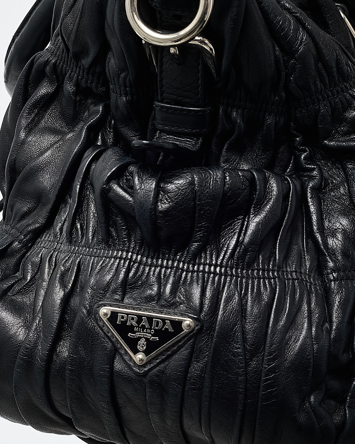 Prada Black Nappa Gaufre Leather Buckle Tote Bag