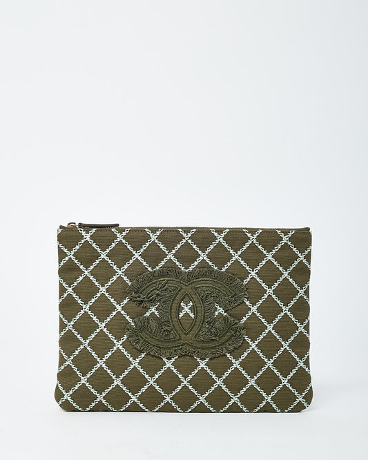 Chanel Khaki Green Canvas White Contrast Stitch Tweed CC Logo Medium O Case Pouch