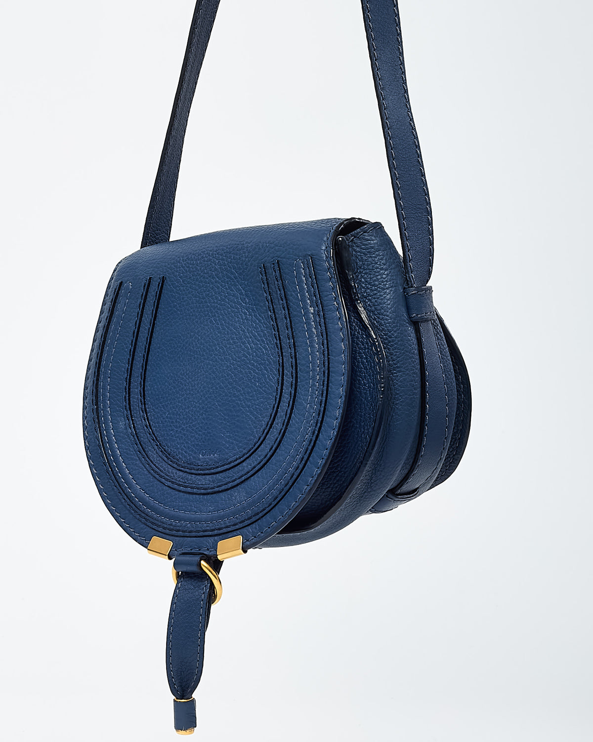 Chloé Navy Blue Pebbled Leather Mini Marcie Saddle Crossbody Bag