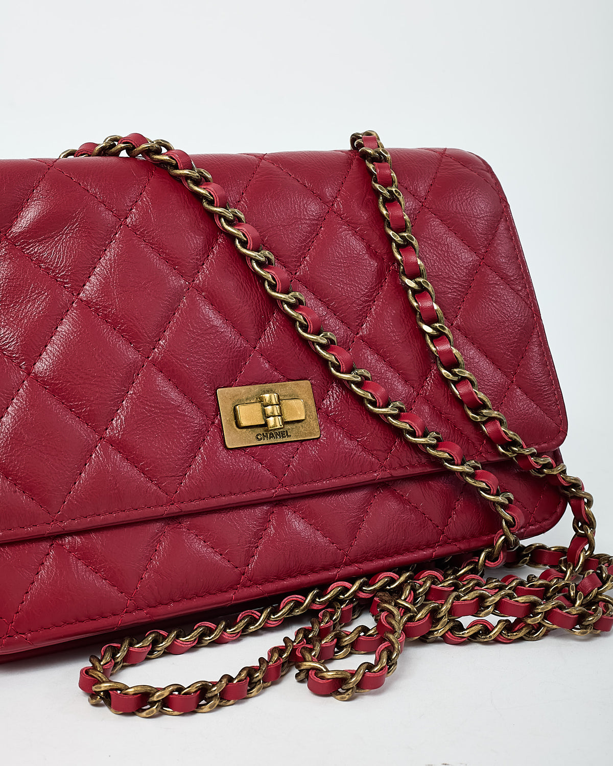 Chanel Red Calfskin Leather 2.55 Re-Issue WOC Wallet on Chain Crossbody Bag GHW