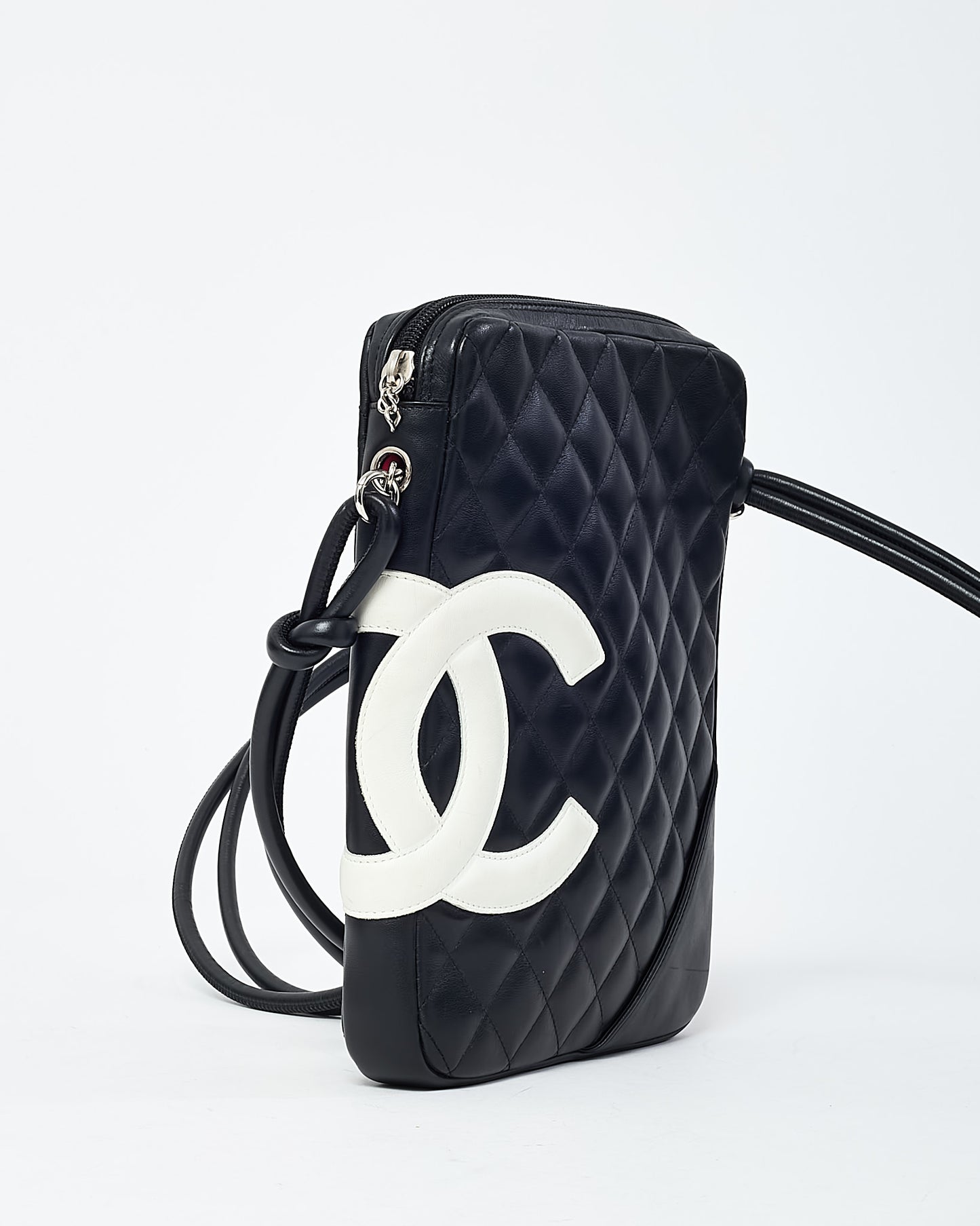 Chanel Black Quilted Lambskin Leather White CC Logo Large Cambon Crossbody Bag