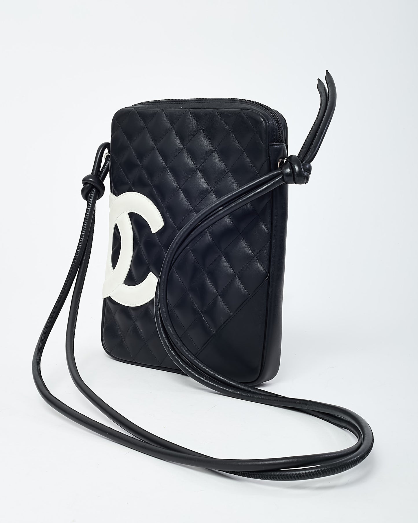 Chanel Black Quilted Lambskin Leather White CC Logo Large Cambon Crossbody Bag