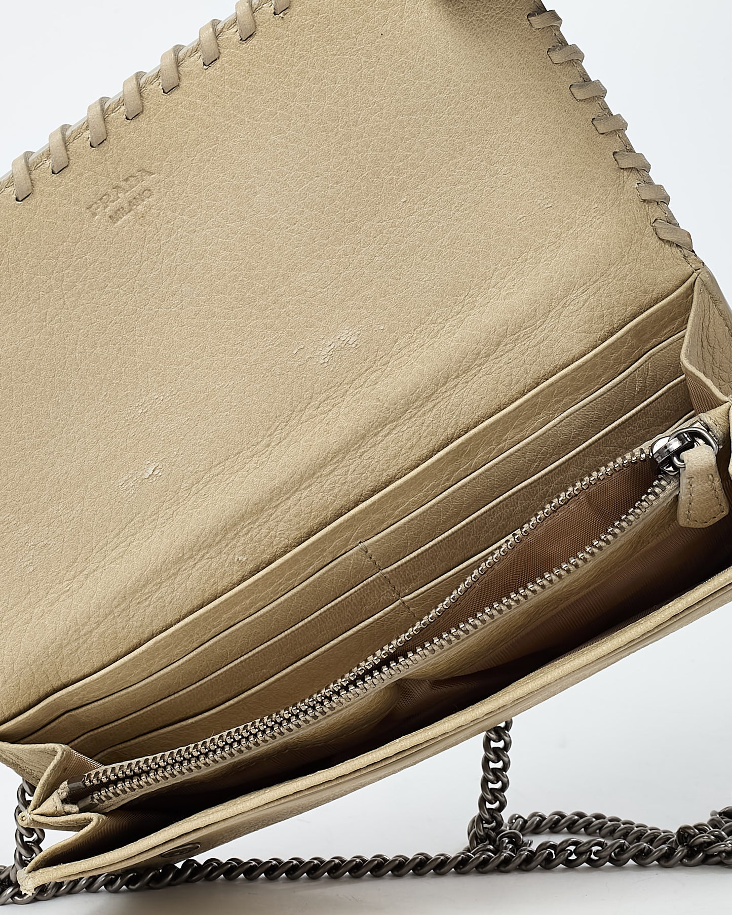 Prada Beige Leather Eyelet Studded WOC Wallet on Chain Crossbody Bag