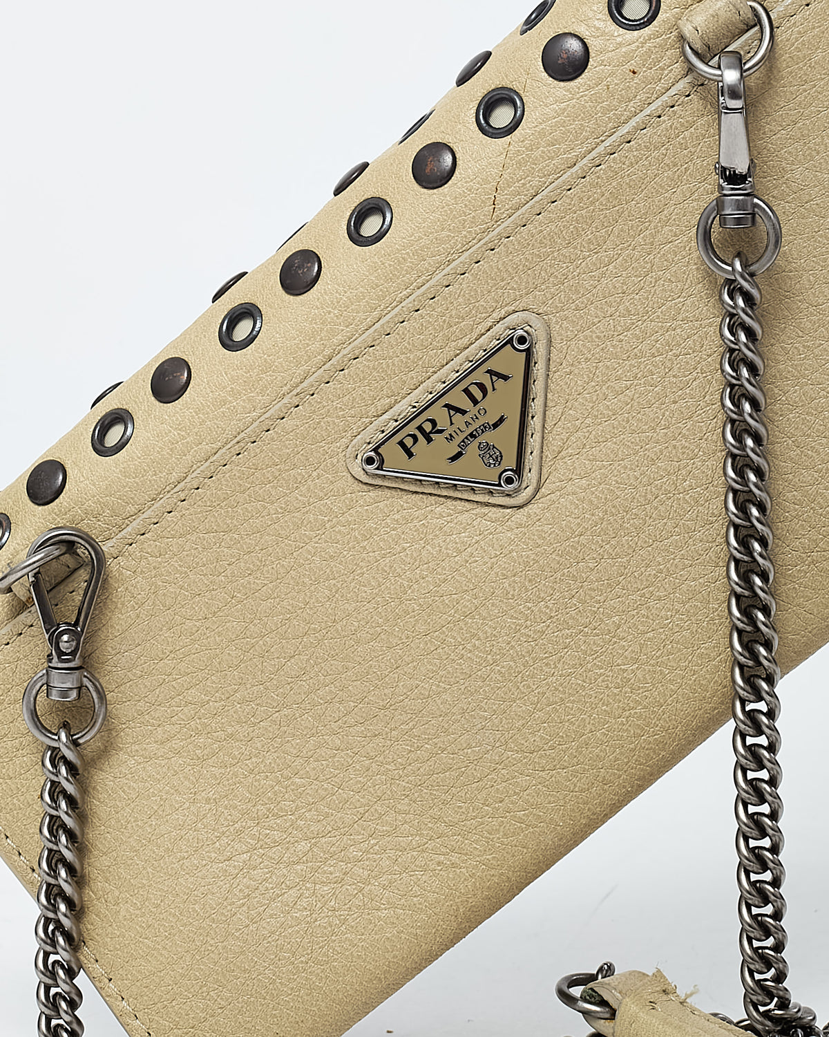 Prada Beige Leather Eyelet Studded WOC Wallet on Chain Crossbody Bag