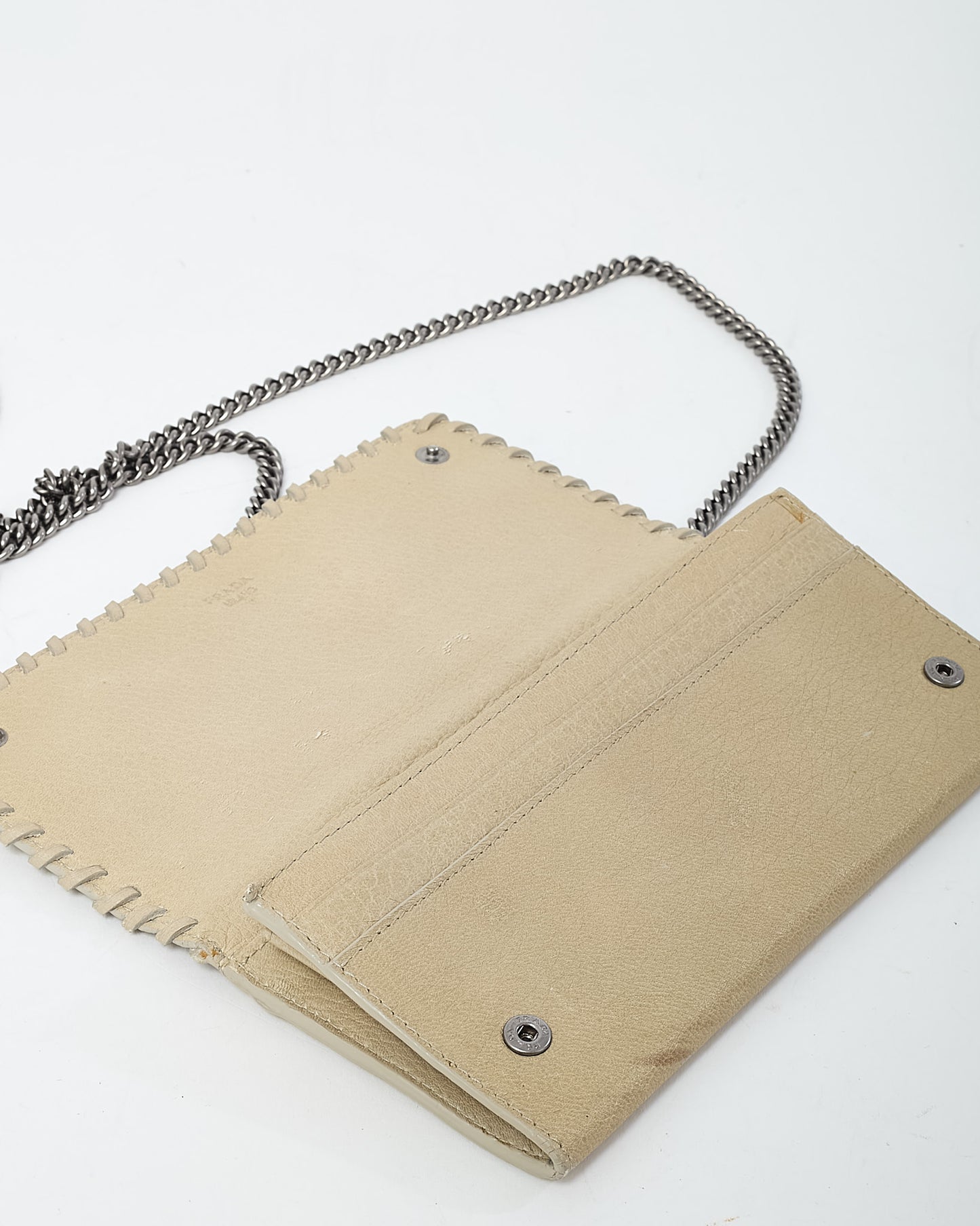 Prada Beige Leather Eyelet Studded WOC Wallet on Chain Crossbody Bag