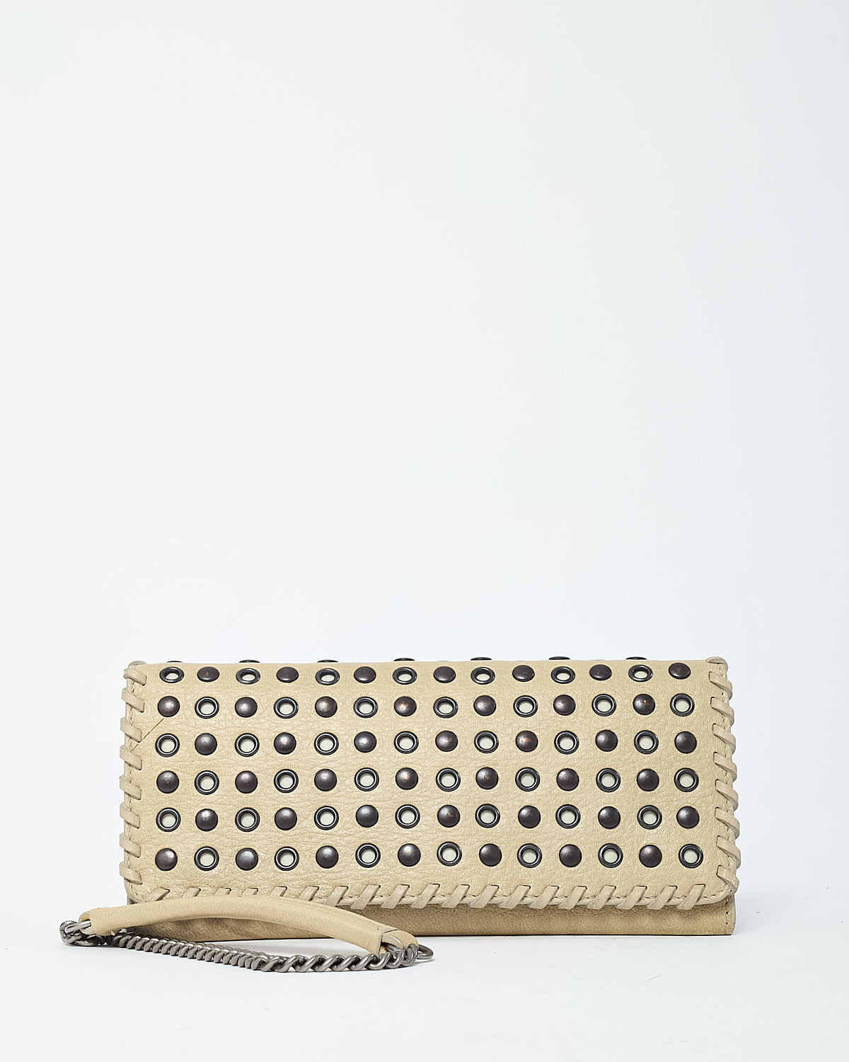 Prada Beige Leather Eyelet Studded WOC Wallet on Chain Crossbody Bag