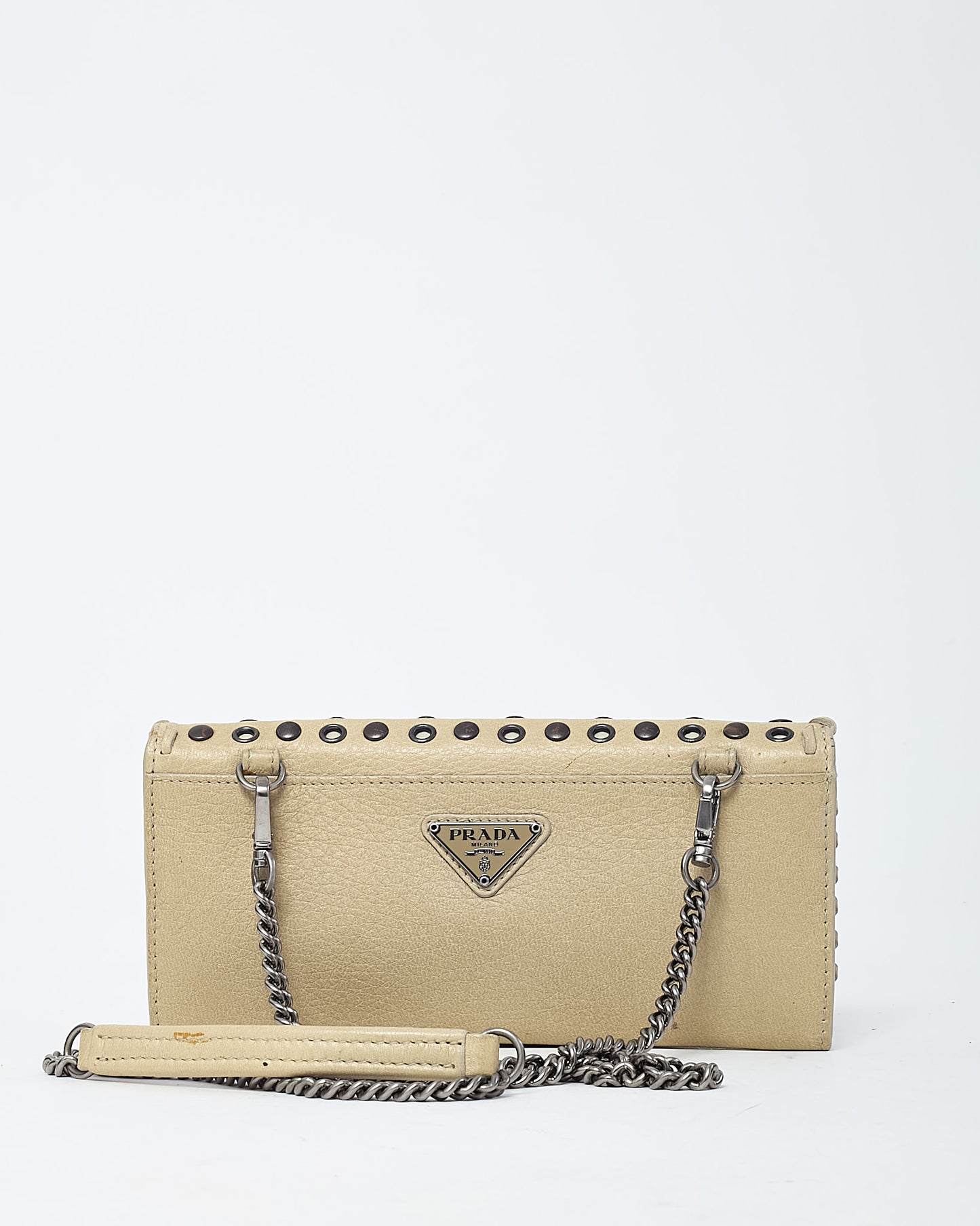 Prada Beige Leather Eyelet Studded WOC Wallet on Chain Crossbody Bag