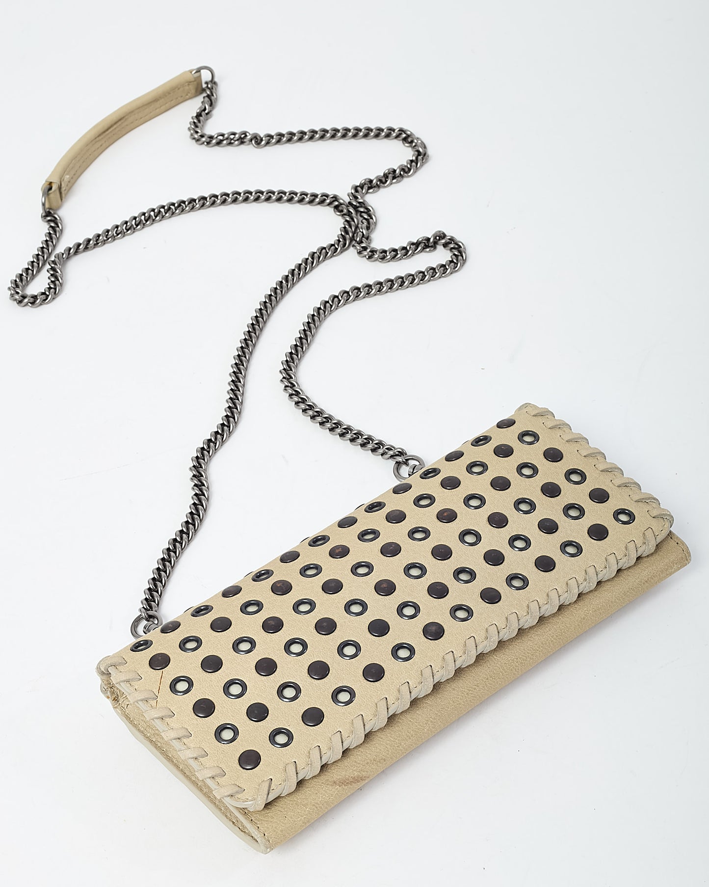 Prada Beige Leather Eyelet Studded WOC Wallet on Chain Crossbody Bag