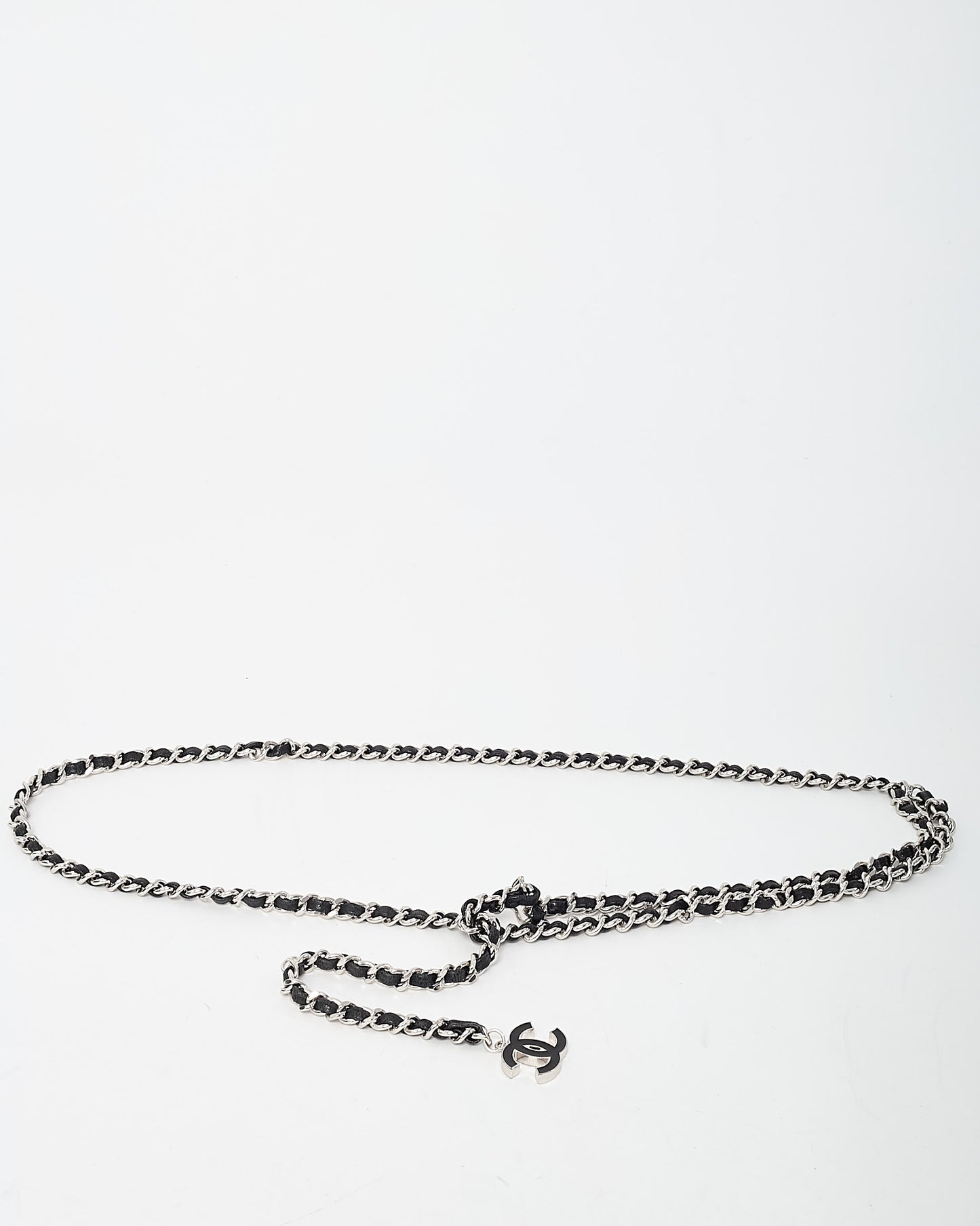 Chanel 2005 Silver and Black Leather Interwoven Black Enamel CC Logo Chain Belt - M/L