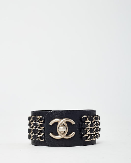 Chanel Black Leather Silver Chain CC Logo Turnlock Wrap Bracelet - M