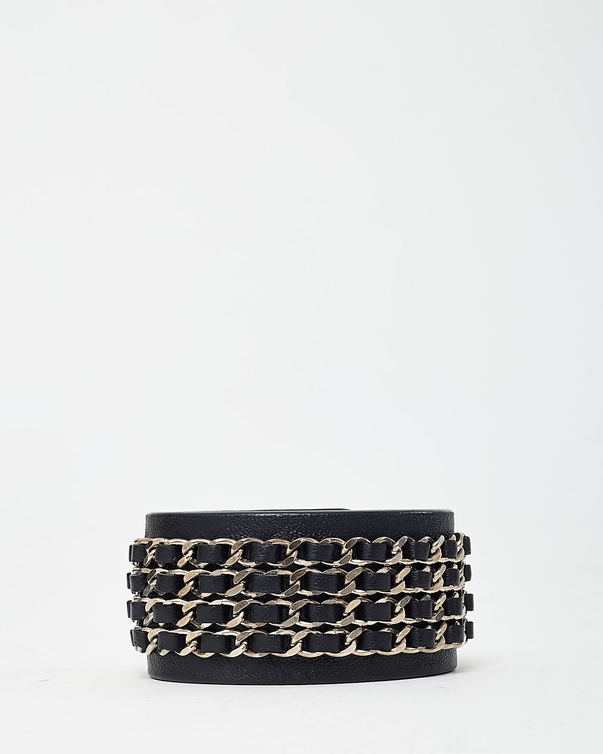 Chanel Black Leather Silver Chain CC Logo Turnlock Wrap Bracelet - M