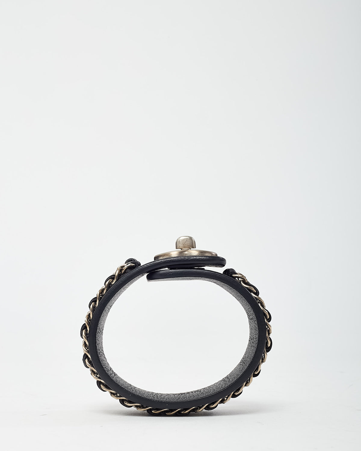 Chanel Black Leather Silver Chain CC Logo Turnlock Wrap Bracelet - M