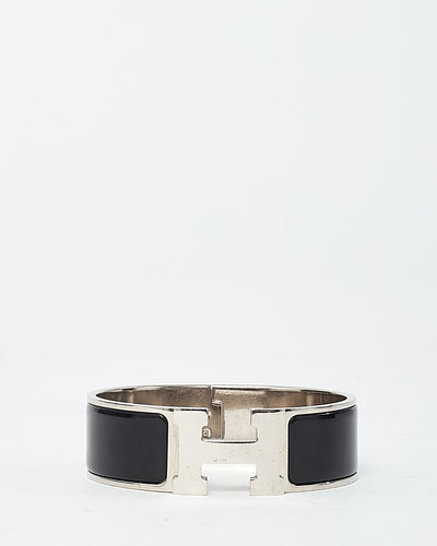 Hermès Palladium Silver and Black Enamel Wide H Clic Clac Bracelet - GM