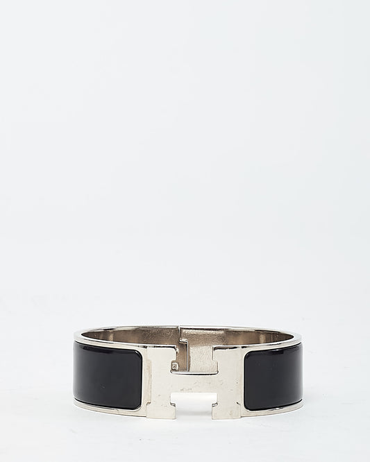 Hermès Palladium Silver and Black Enamel Wide H Clic Clac Bracelet - GM