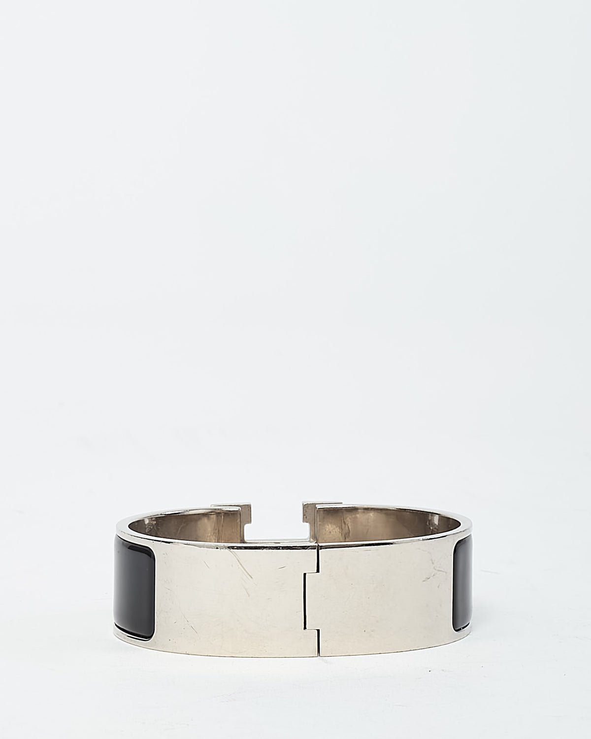 Hermès Palladium Silver and Black Enamel Wide H Clic Clac Bracelet - GM