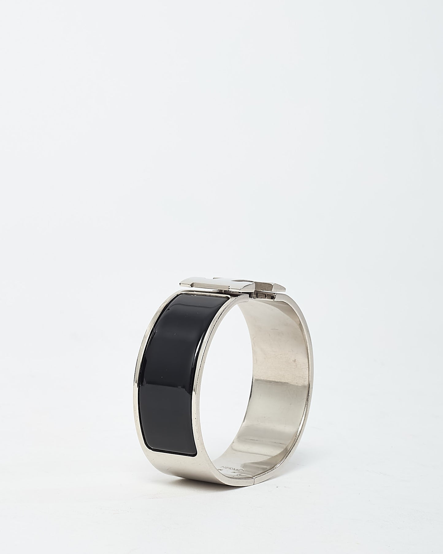 Hermès Palladium Silver and Black Enamel Wide H Clic Clac Bracelet - GM
