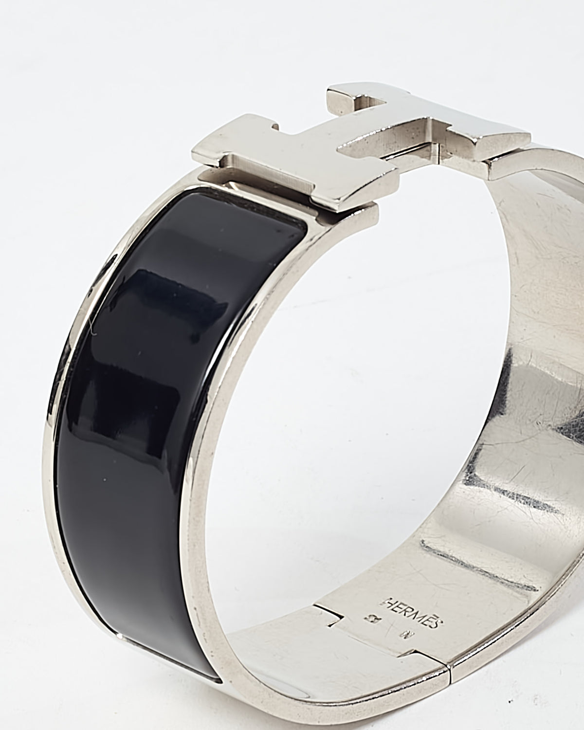 Hermès Palladium Silver and Black Enamel Wide H Clic Clac Bracelet - GM