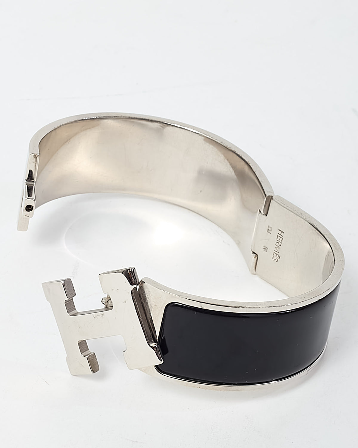 Hermès Palladium Silver and Black Enamel Wide H Clic Clac Bracelet - GM