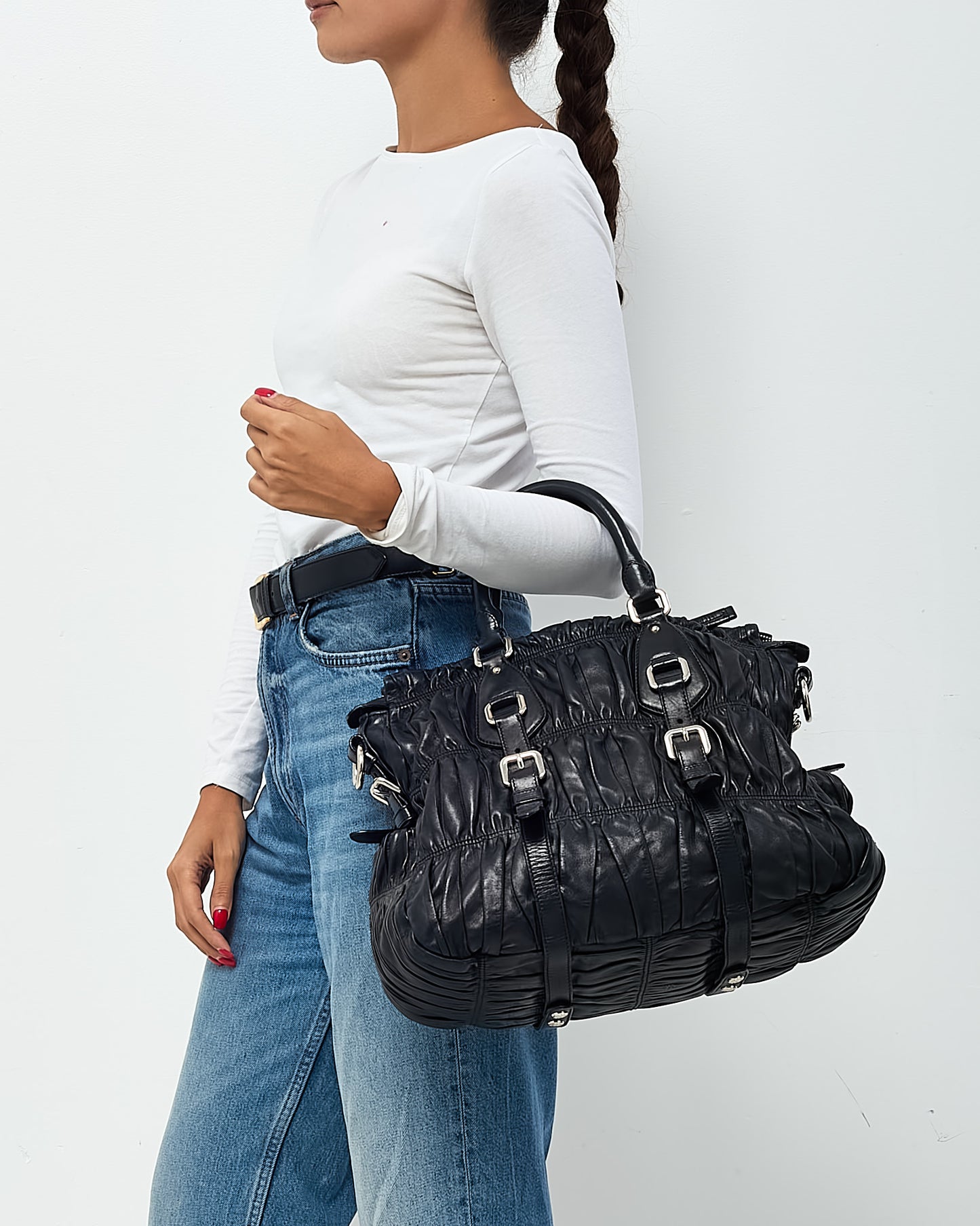 Prada Black Nappa Gaufre Leather Buckle Tote Bag