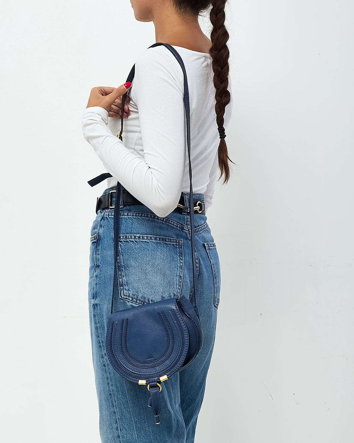 Chloé Navy Blue Pebbled Leather Mini Marcie Saddle Crossbody Bag