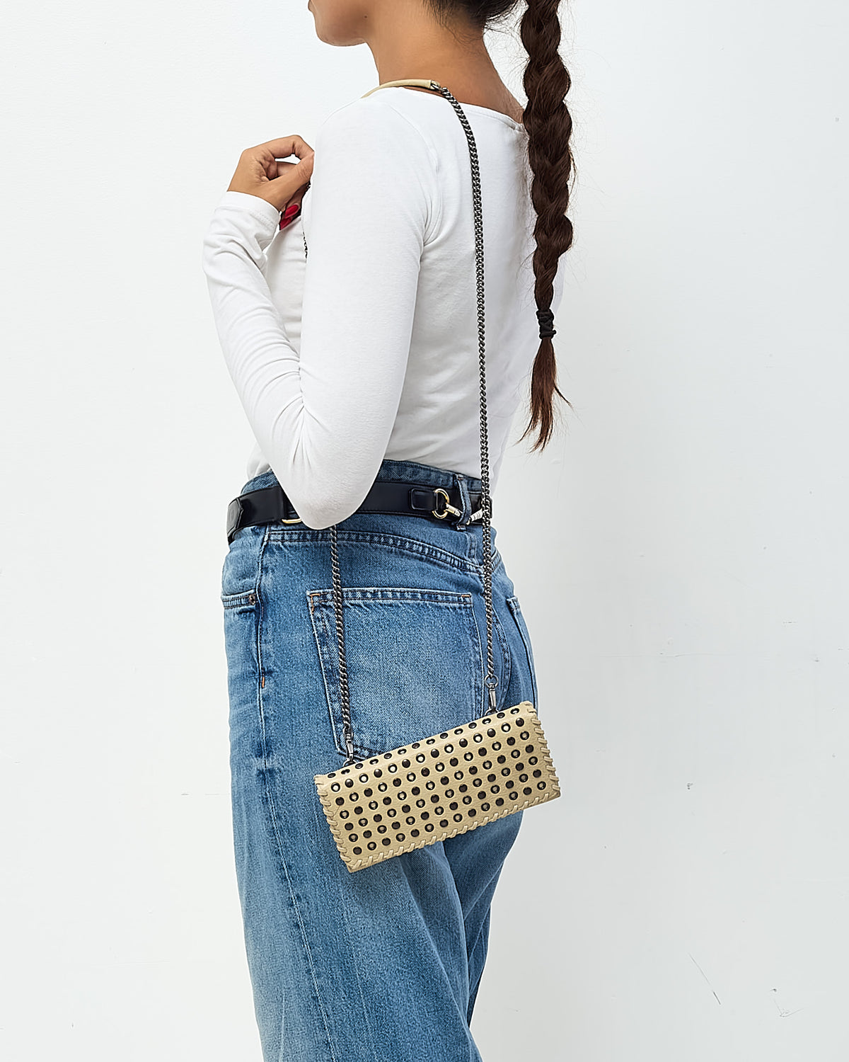 Prada Beige Leather Eyelet Studded WOC Wallet on Chain Crossbody Bag