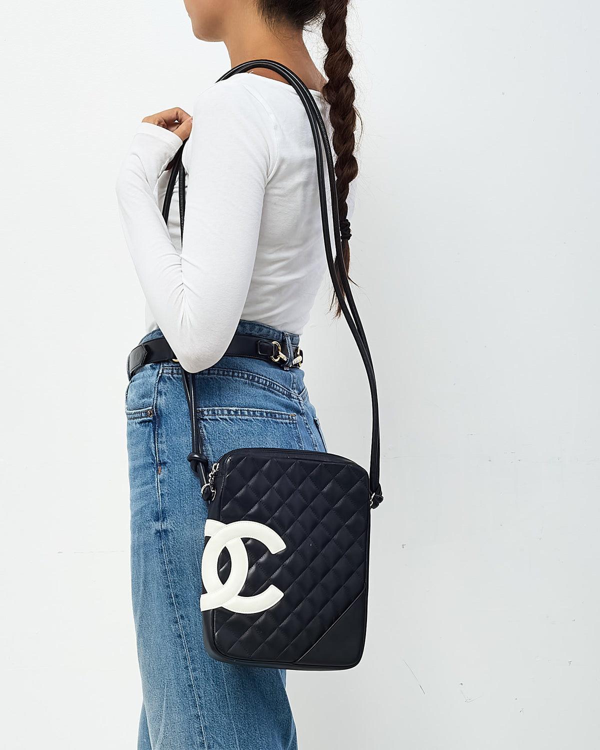 Chanel Black Quilted Lambskin Leather White CC Logo Large Cambon Crossbody Bag