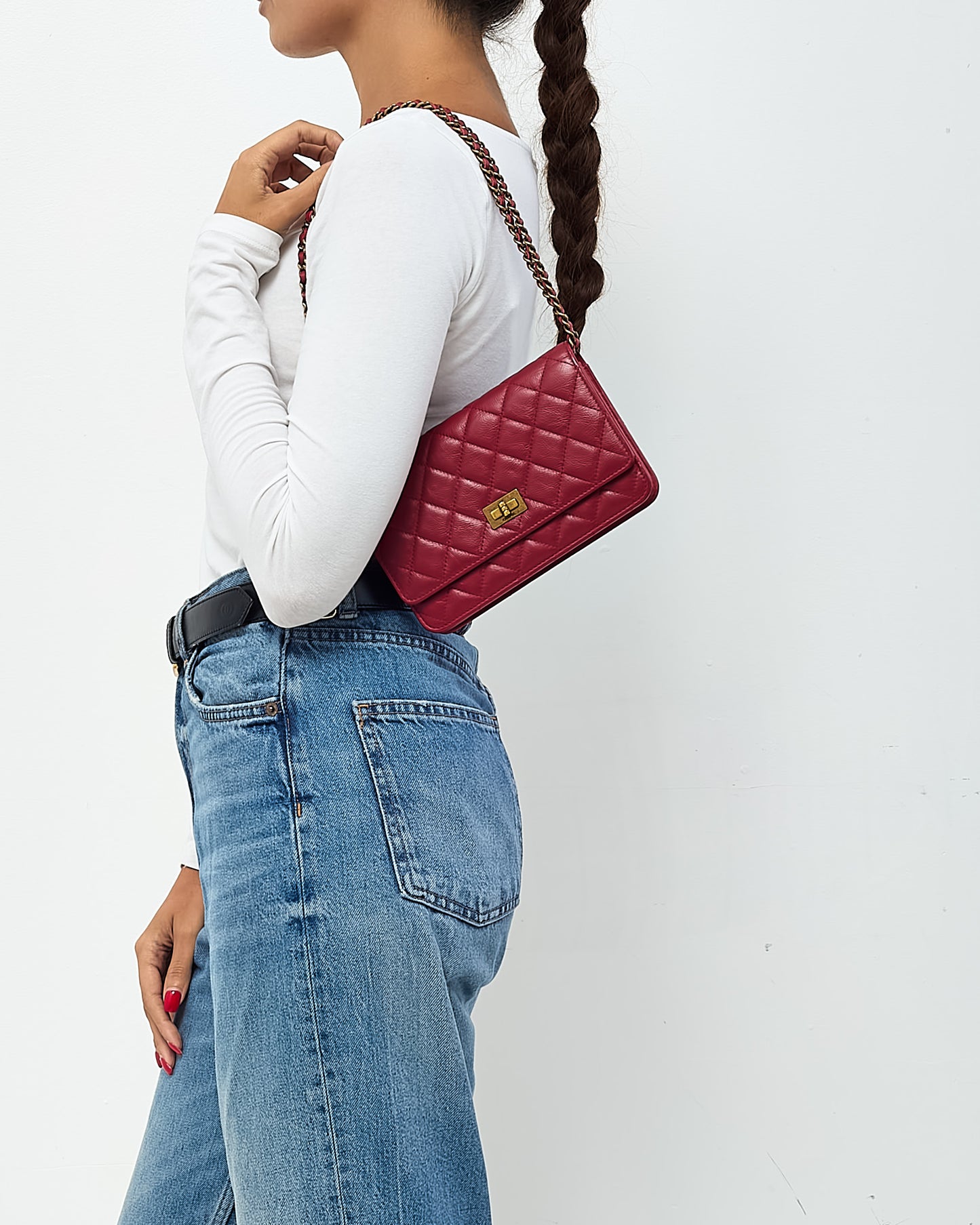 Chanel Red Calfskin Leather 2.55 Re-Issue WOC Wallet on Chain Crossbody Bag GHW