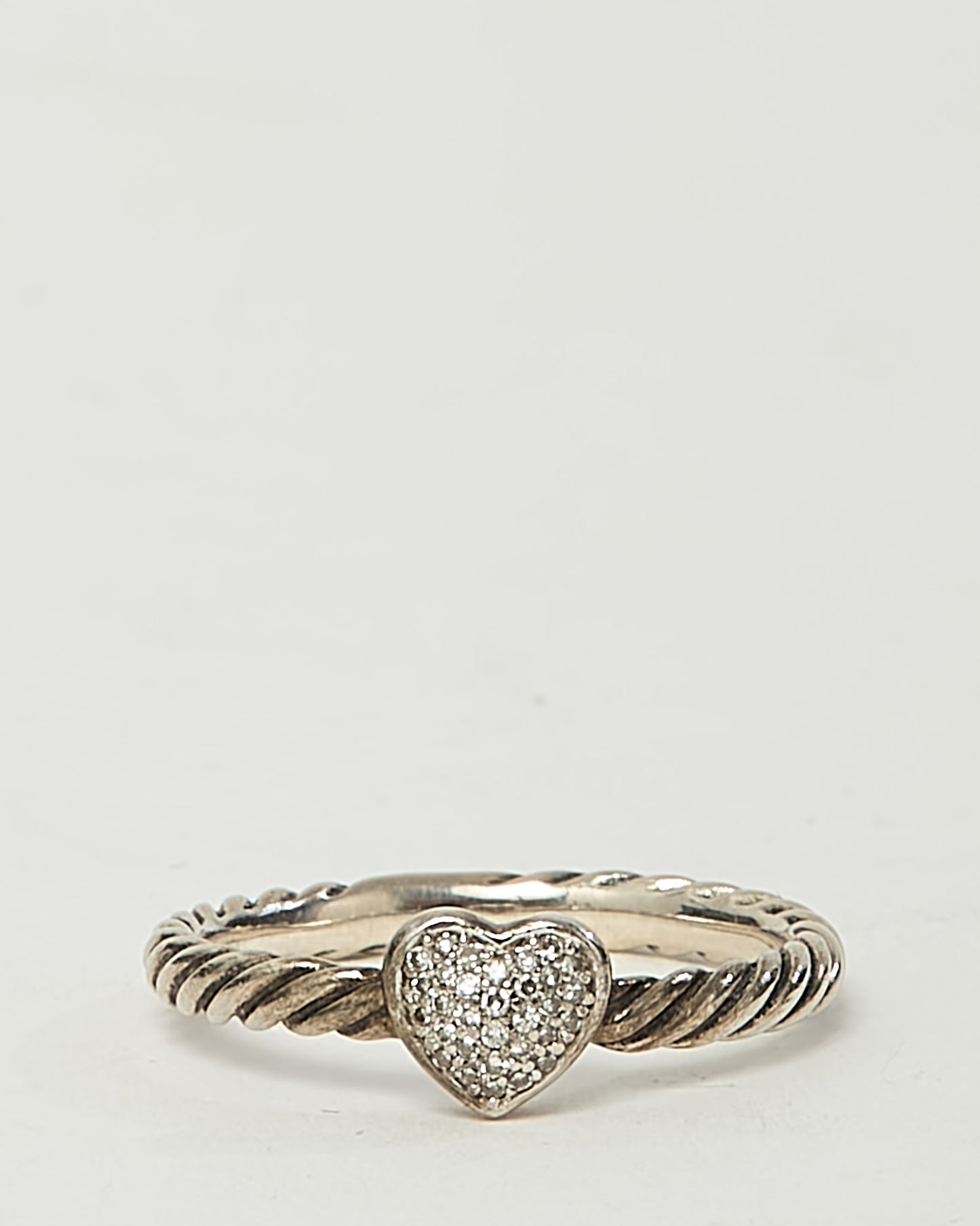 David Yurman Sterling Silver and Pave Diamond Heart Cable Collectibles Stack Ring - 6