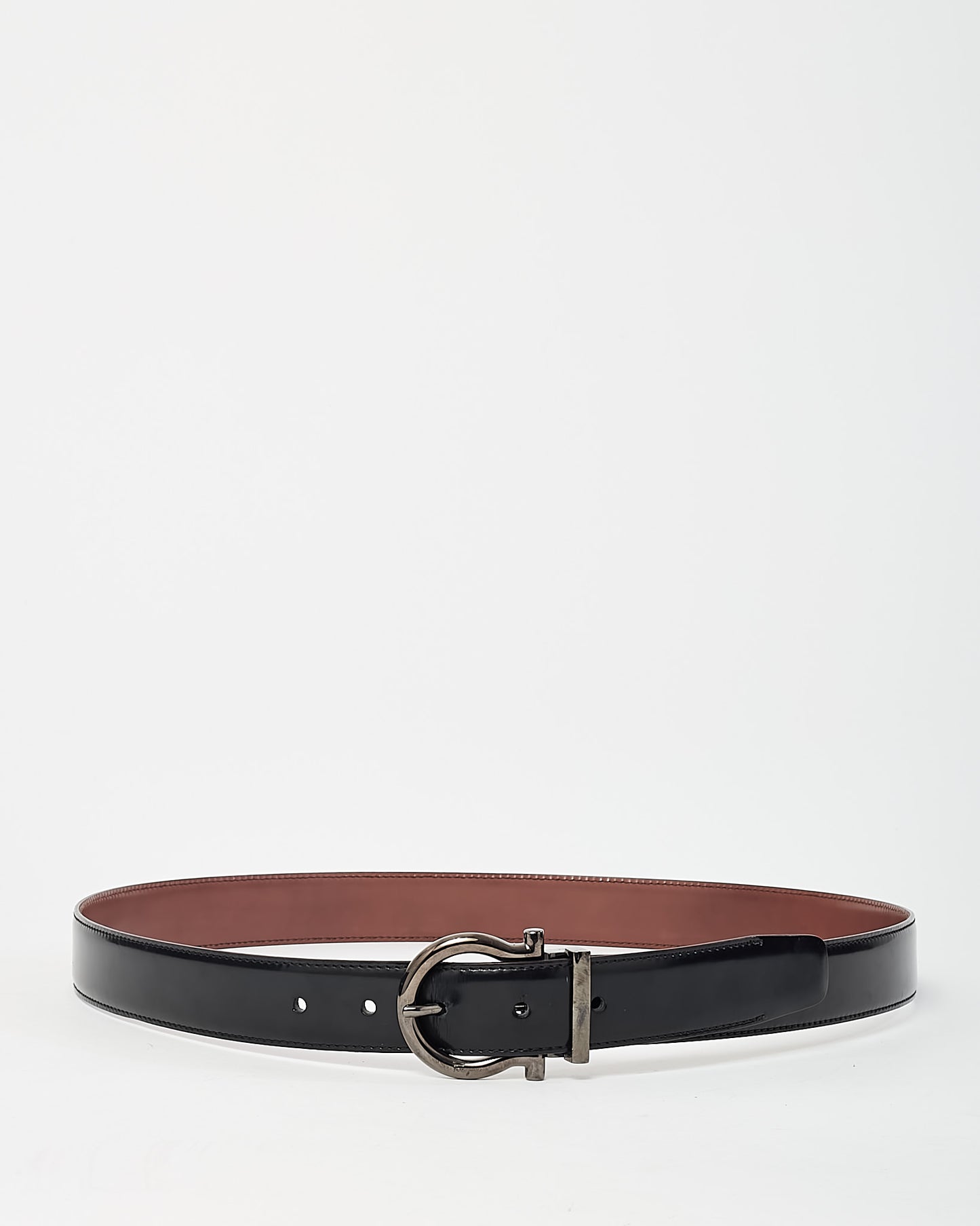Salvatore Ferragamo Men's Shiny Black and Brown Leather Reversible SHW Gancini Buckle Belt - 105