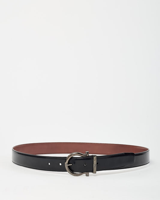 Salvatore Ferragamo Men's Shiny Black and Brown Leather Reversible SHW Gancini Buckle Belt - 105