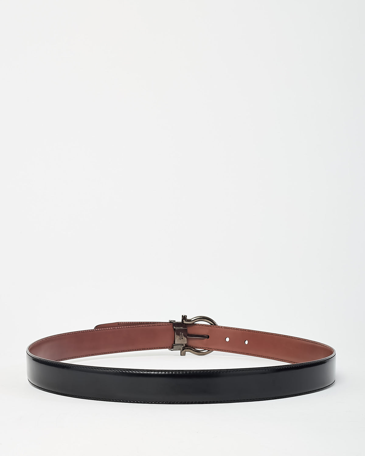 Salvatore Ferragamo Men's Shiny Black and Brown Leather Reversible SHW Gancini Buckle Belt - 105
