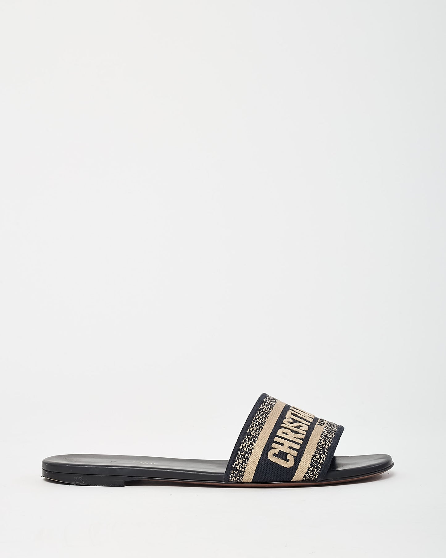 Dior Navy Blue & Cream Embroidered Cotton Logo Dway Slide Sandals - 39