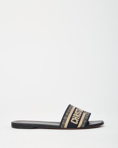 Dior Navy Blue & Cream Embroidered Cotton Logo Dway Slide Sandals - 39