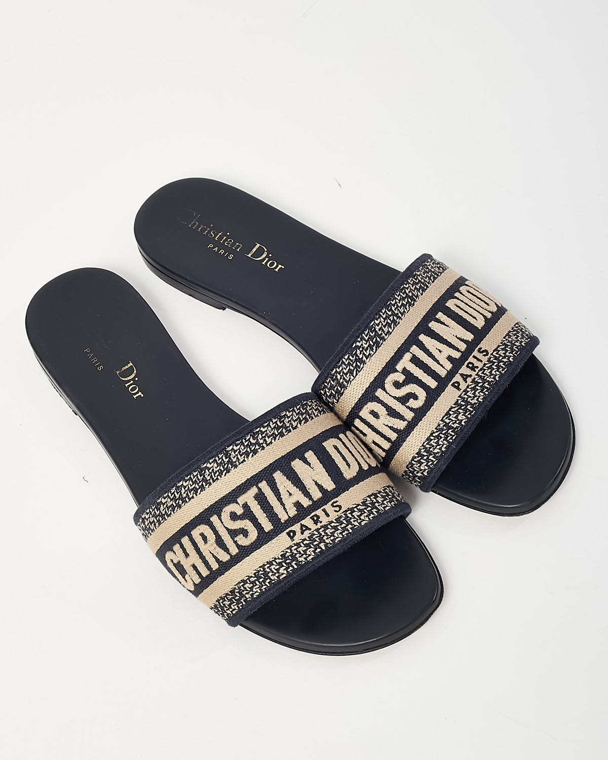 Dior Navy Blue & Cream Embroidered Cotton Logo Dway Slide Sandals - 39
