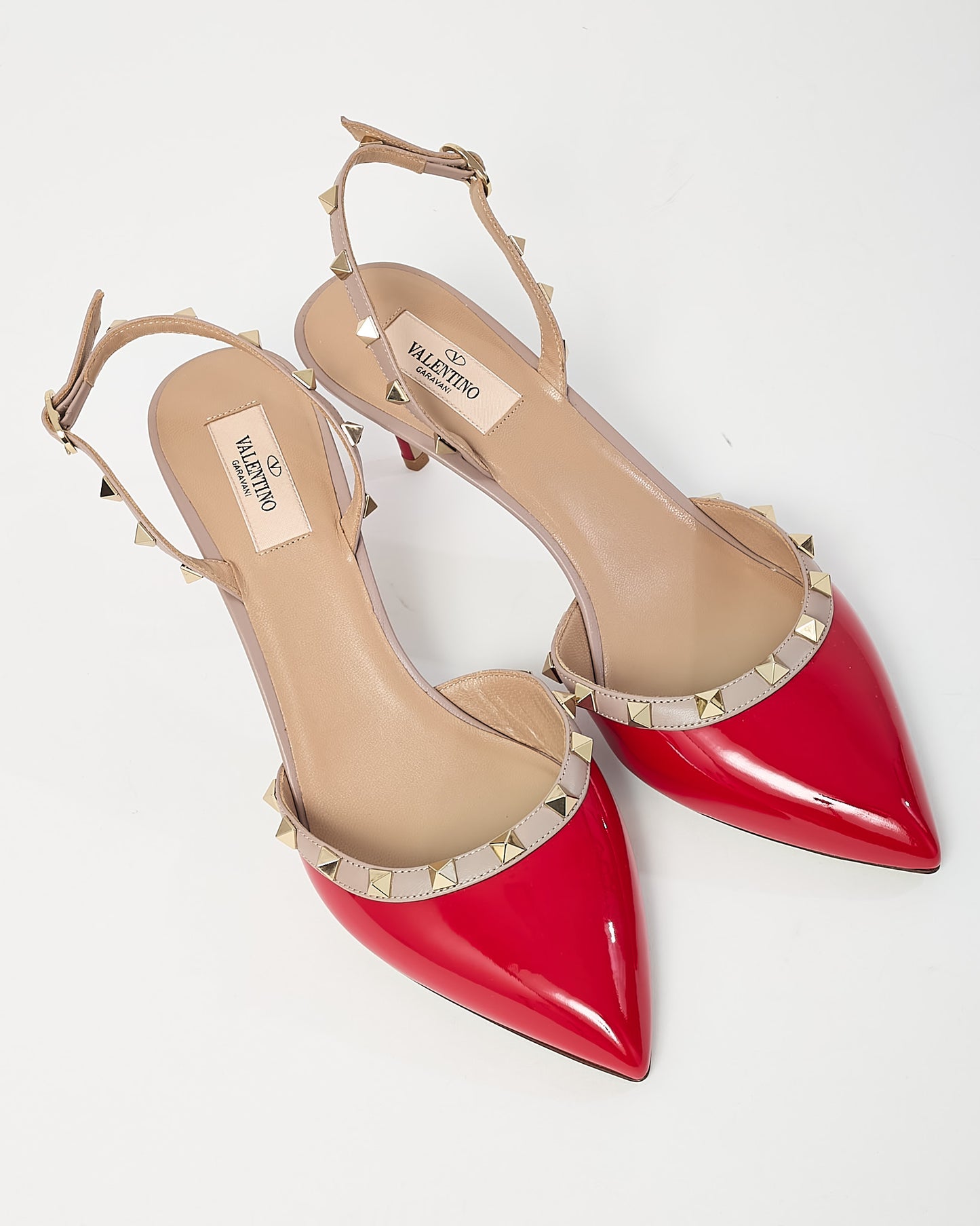 Valentino Red Patent Leather Gold Rockstud Slingback Kitten Heels - 41