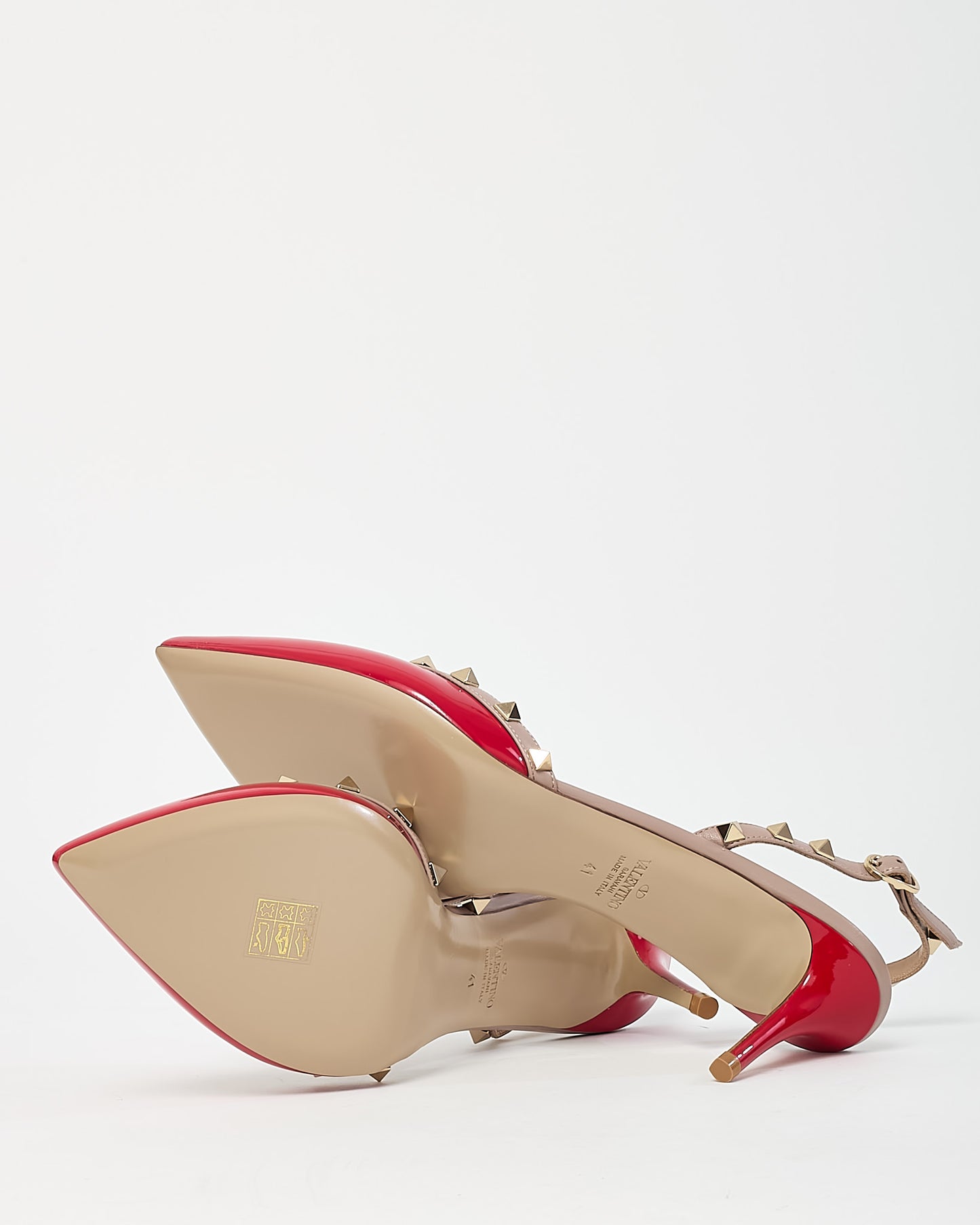 Valentino Red Patent Leather Gold Rockstud Slingback Kitten Heels - 41