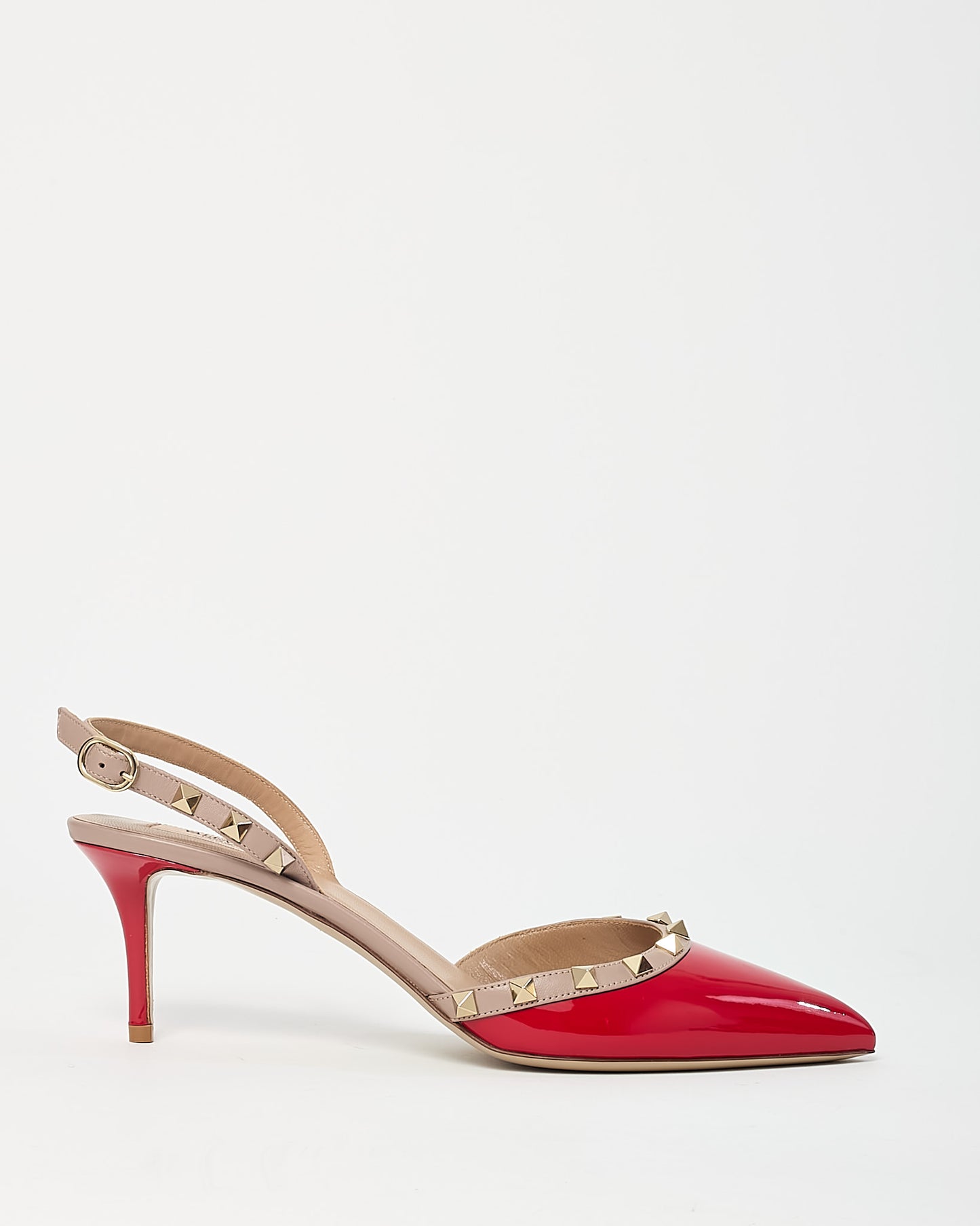 Valentino Red Patent Leather Gold Rockstud Slingback Kitten Heels - 41