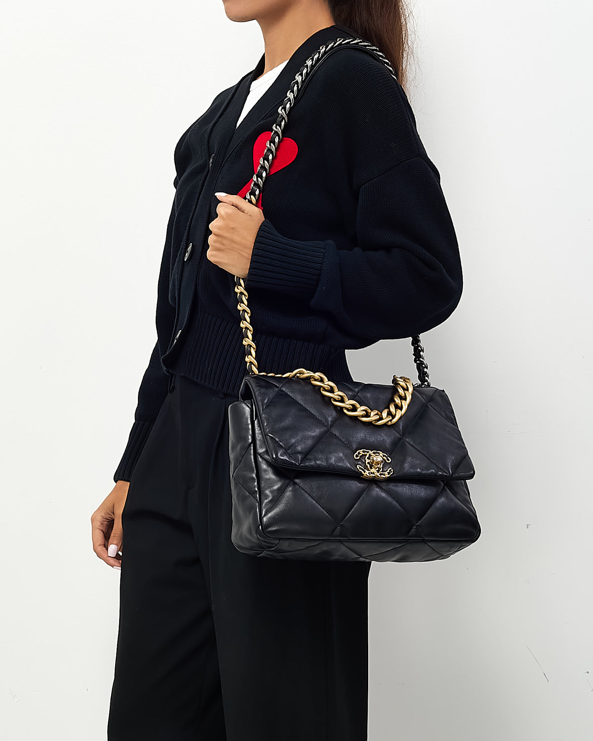Chanel Black Quilted Shiny Lambskin Leather Large Chanel 19 Bag
