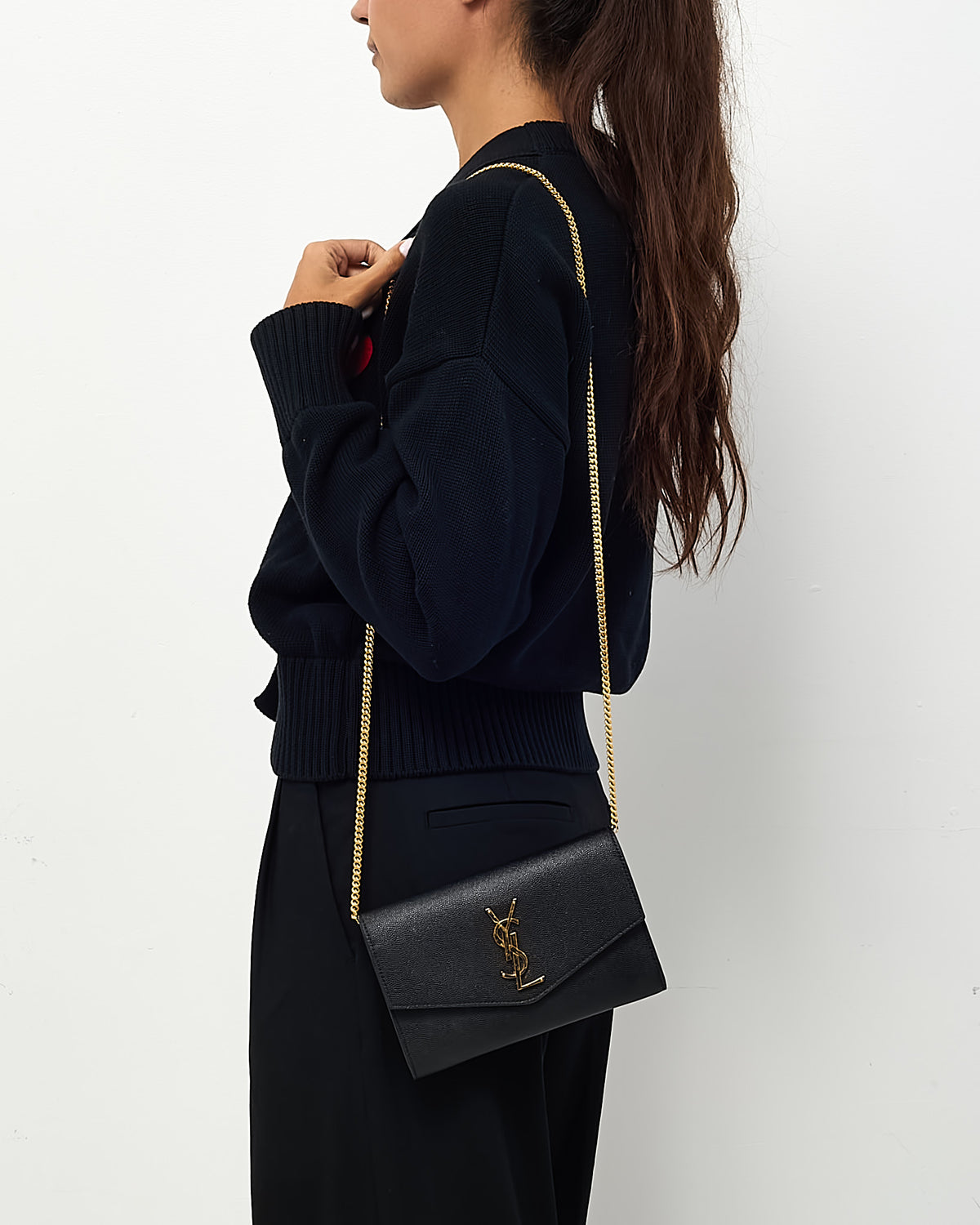 Saint Laurent Black Grain de Poudre Leather YSL Uptown WOC Chain Wallet Crossbody GHW