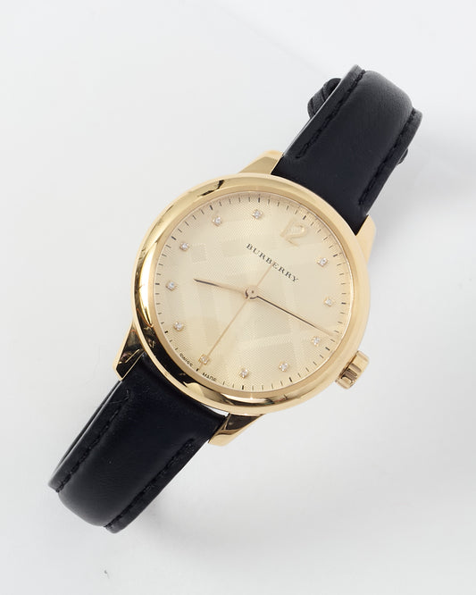 Burberry Gold Stainless Steel with Black Leather The Classic Round BU10107 Watch