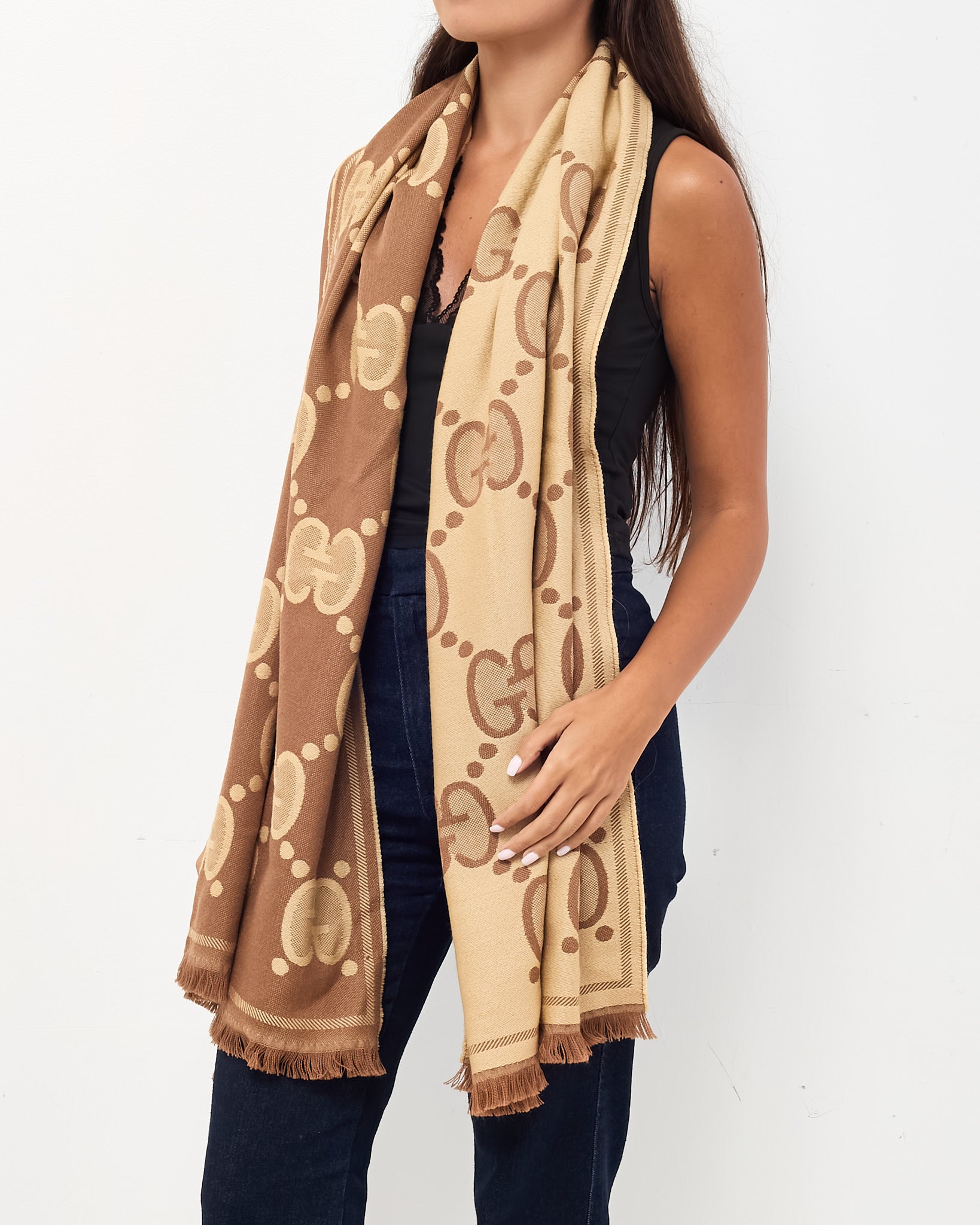 Buy Gucci Beige and Brown Jumbo GG Monogram Wool Scarf Buy Gucci Beige and Brown Jumbo GG Monogram Wool Scarf